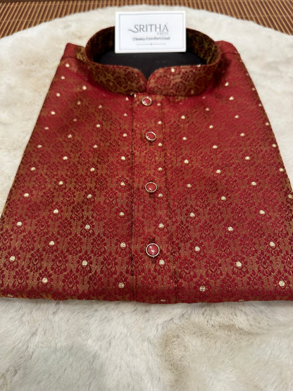 SM0826-02-12 Red & Gold Dual Shade Jacquard Silk Blend Kurta Set