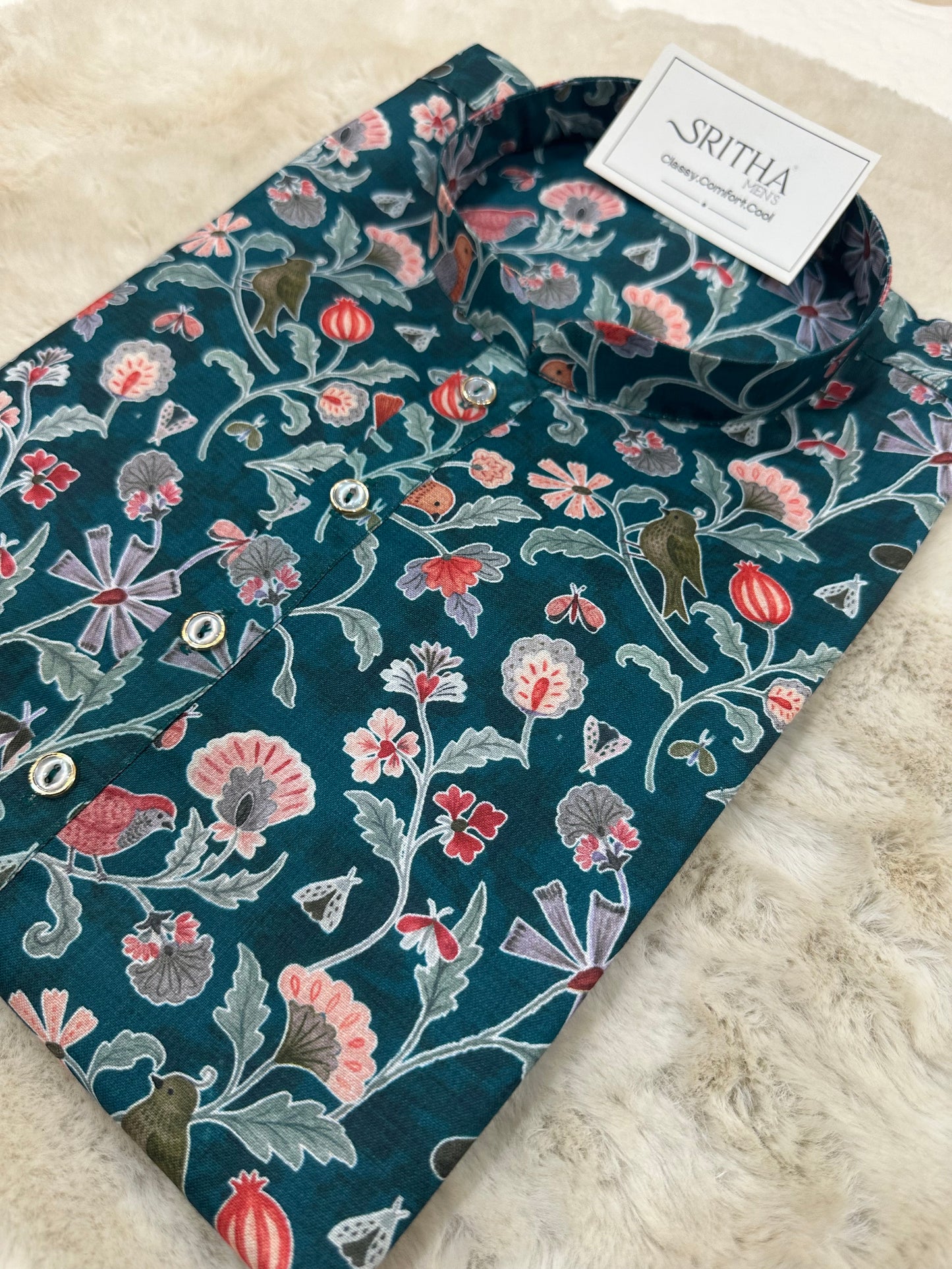 SM0726-01-04 Green Floral & Bird Printed Soft Cotton Kurta