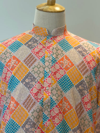 SM0625-01-03 Yellow Pink & Green Printed Cotton Kurta