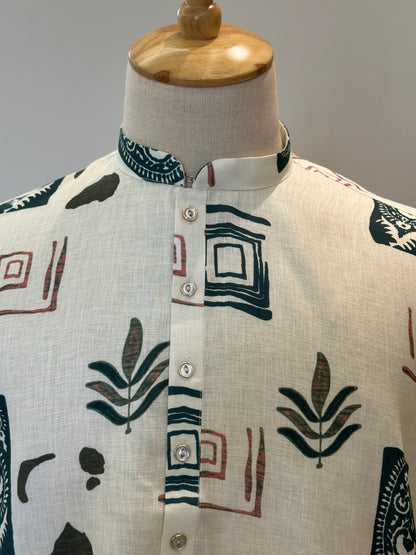 SM0626-01-04 Off White & Green Design Printed Linen Blend Kurta