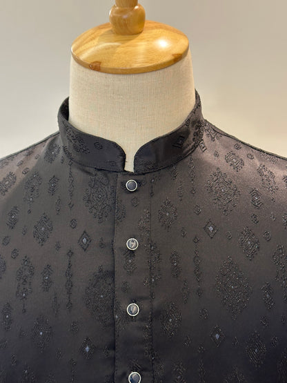 SM0626-02-03 Black Embossed  Design Silk Blend Kurta Set