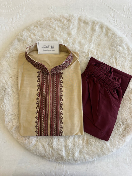SM0625-06-01 Beige & Maroon Soft Cotton Silk Blend Kurta Set