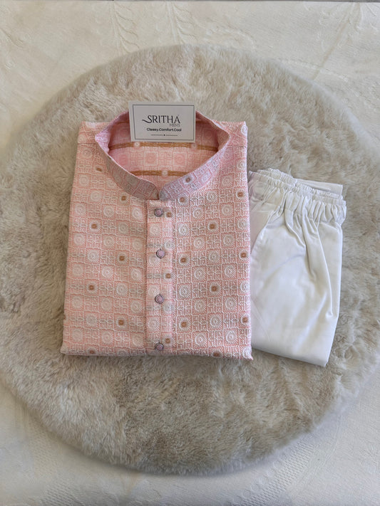 SM1125-02-17 Pastel Pink & White Jacquard Kurta Set