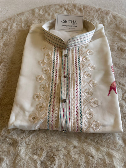 SM0326-02-04 White Embroidery Design Soft Cotton with Lining Kurta Set