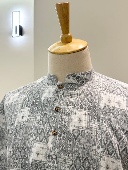 SM0925-18-19 Grey White Solid Cotton Short Kurta