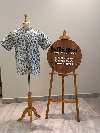 SM0126-18-10 Grey & Blue Print Short Cotton Kurta