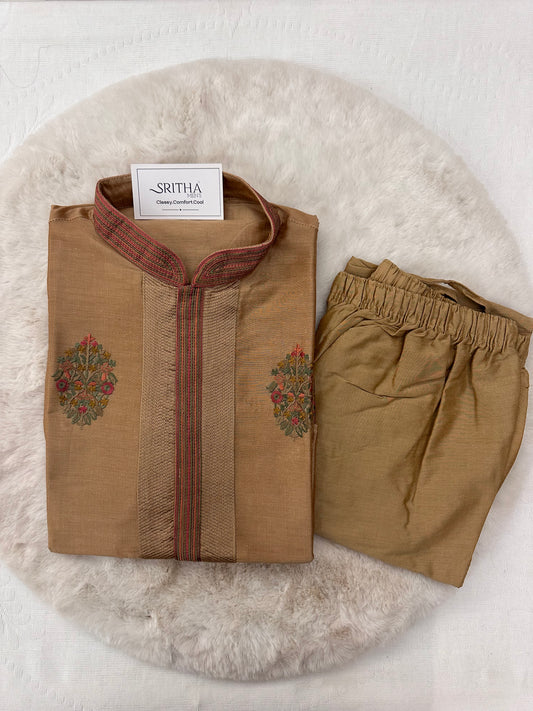 SM0625-06-04 Gold with Colourful Embroidery Floral Soft Silk Blend Kurta Set