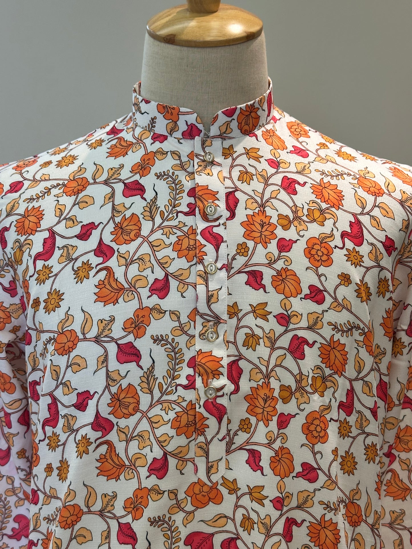 SM1225-01-04 White & Orange Floral Khadi Silk Kurta