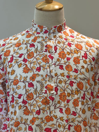 SM1225-01-04 White & Orange Floral Khadi Silk Kurta