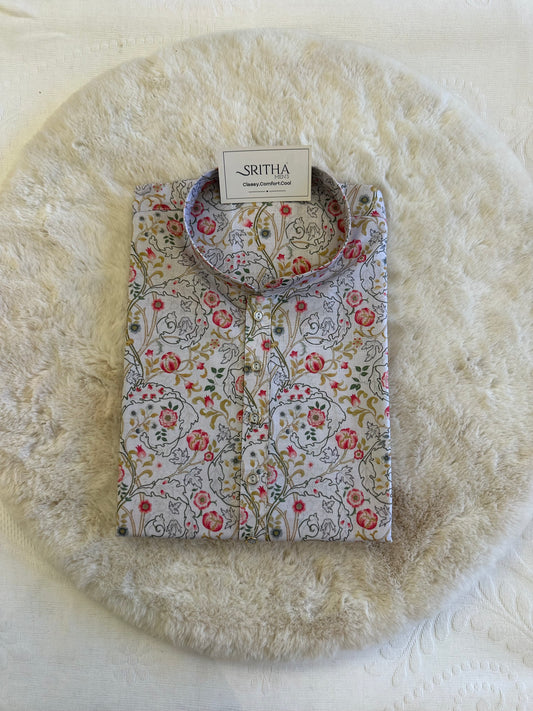 SM0925-01-13 White Faded Floral Cotton Kurta