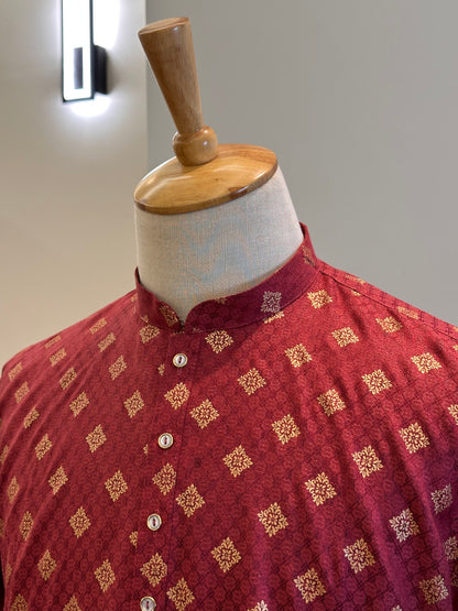 SM0126-01-03 Red & Gold Printed Cotton Kurta