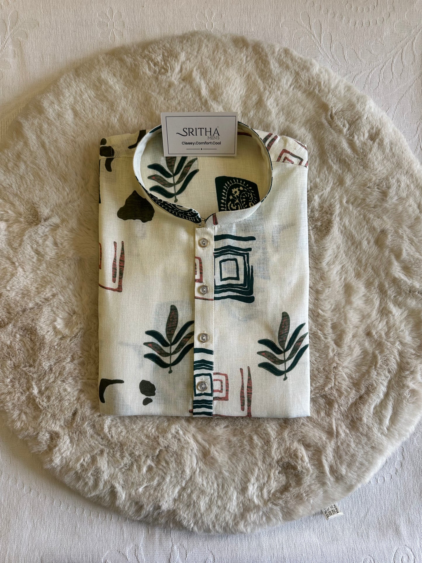 SM0626-01-04 Off White & Green Design Printed Linen Blend Kurta