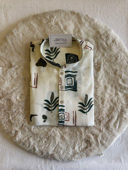 SM0626-01-04 Off White & Green Design Printed Linen Blend Kurta