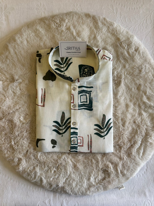 SM0626-01-04 Off White & Green Design Printed Linen Blend Kurta
