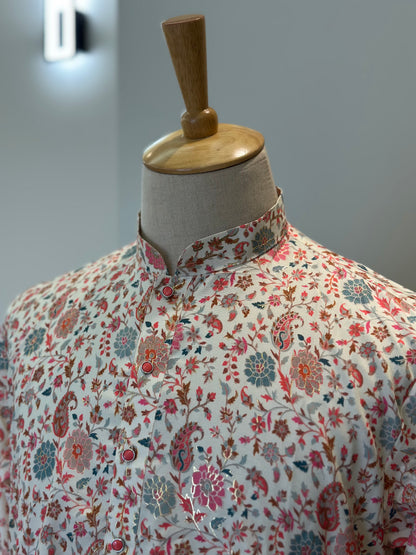 SM1125-02-15 White Floral Soft Viscose Blend Kurta Set