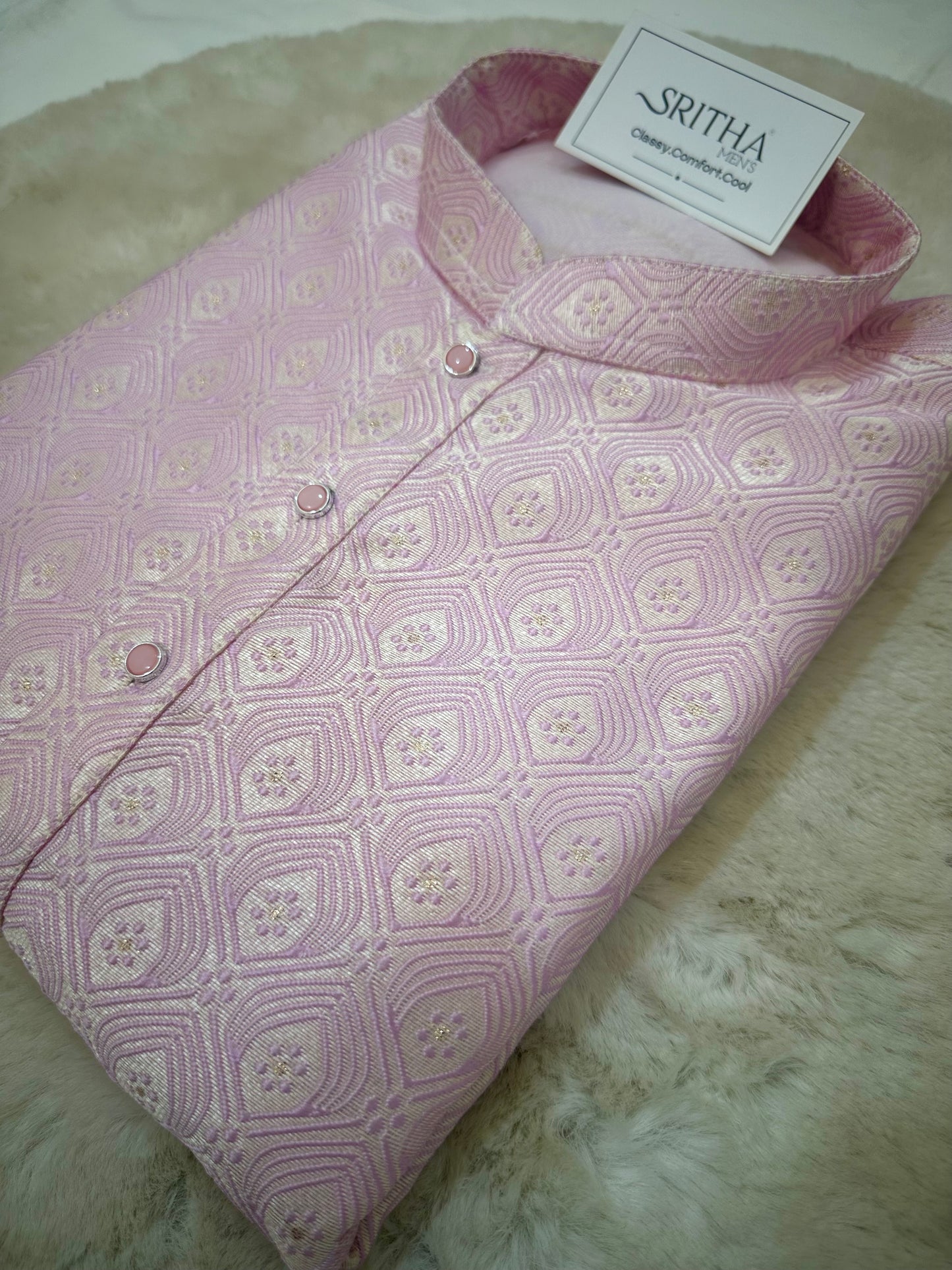 SM0626-02-07 Lavender Pink Jacquard Silk Blend Kurta Set
