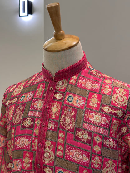 SM1225-01-12 Rani Pink & Gold White Soft Cotton Silk Kurta