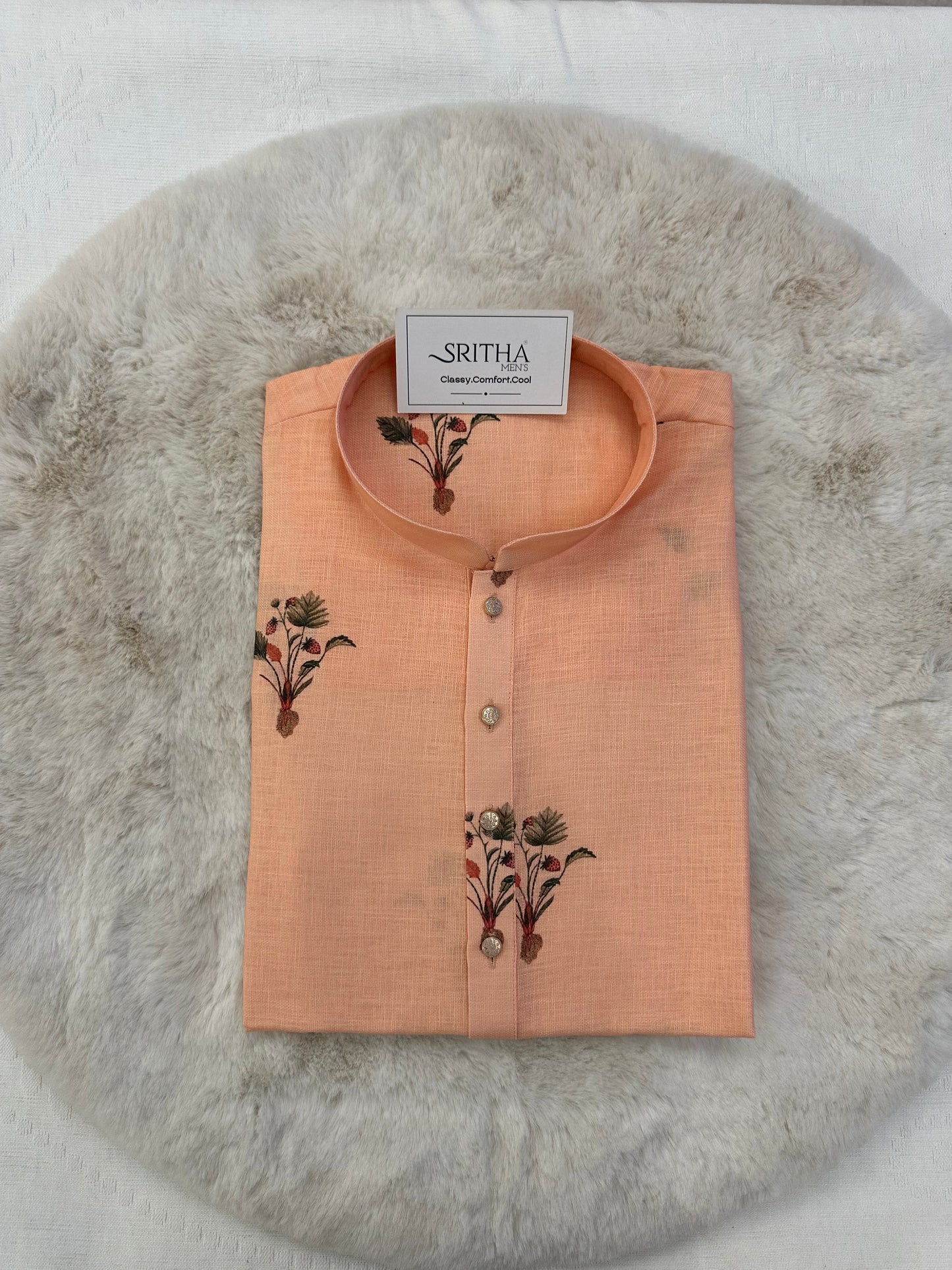 SM0825-01-08 Peach Orange Leaf & Floral Cotton Kurta