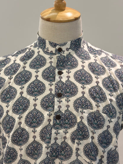 SM0326-16-03 White Base Mandala Print Short Cotton Kurta