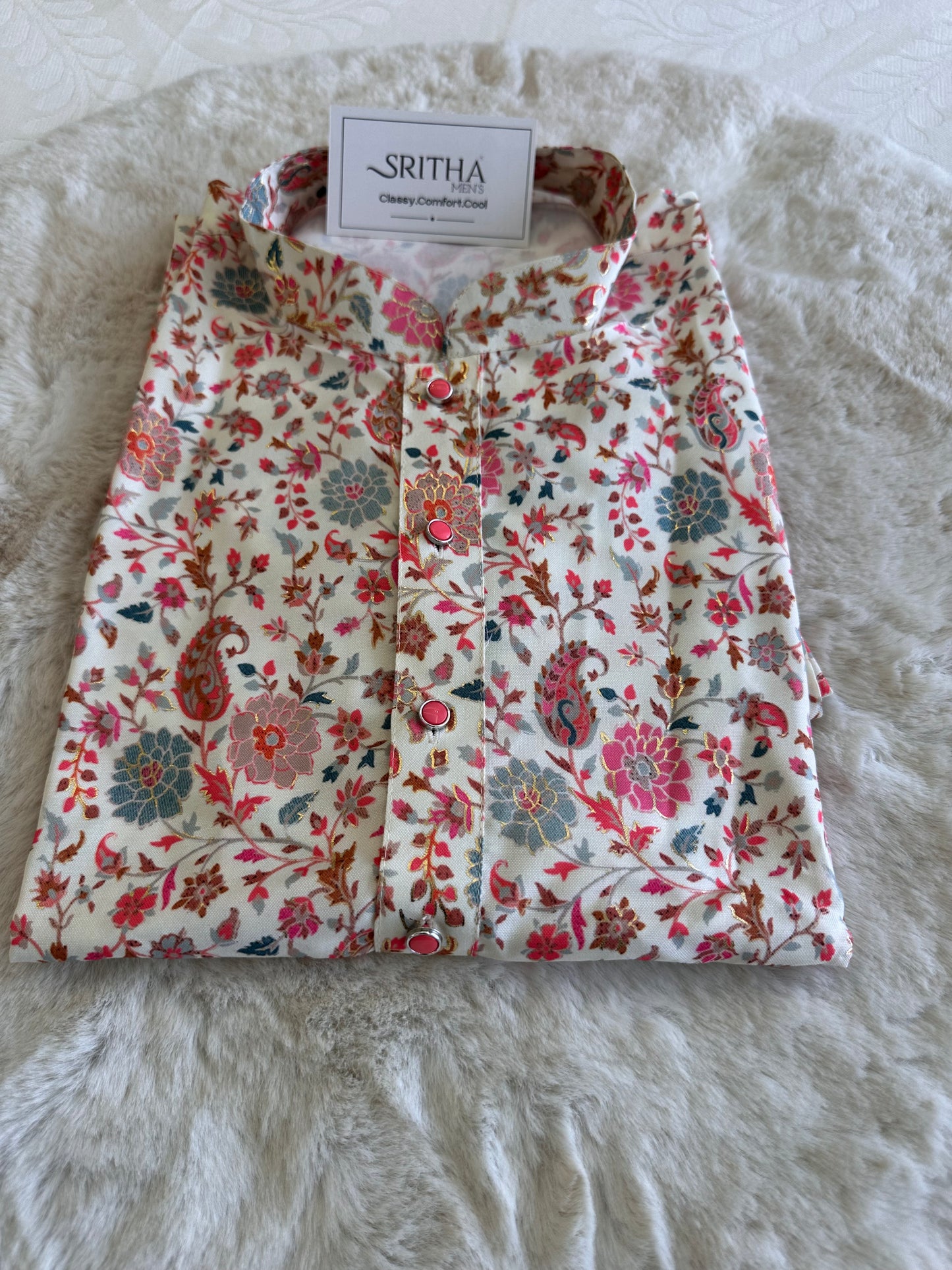 SM1125-02-15 White Floral Soft Viscose Blend Kurta Set