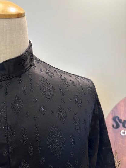 SM0626-02-03 Black Embossed  Design Silk Blend Kurta Set