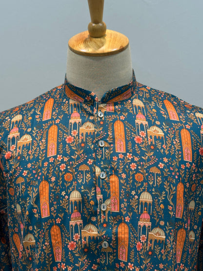 SM0726-01-07 Teal Base Printed Soft Cotton Kurta