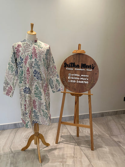 SM0825-01-05 Beige Leaf Motif Cotton Kurta