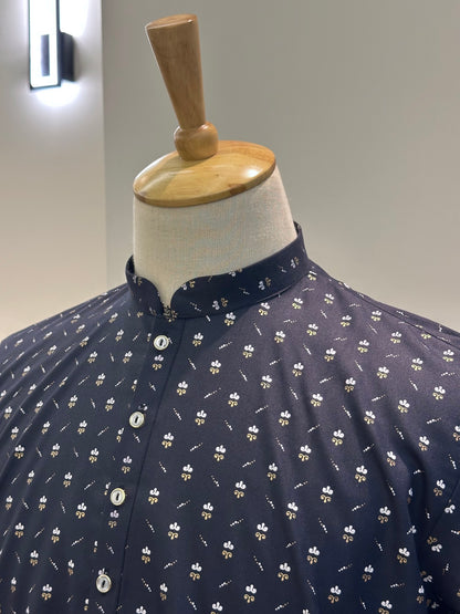 SM0226-01-06 Dark Navy Blue & White Printed Cotton Kurta