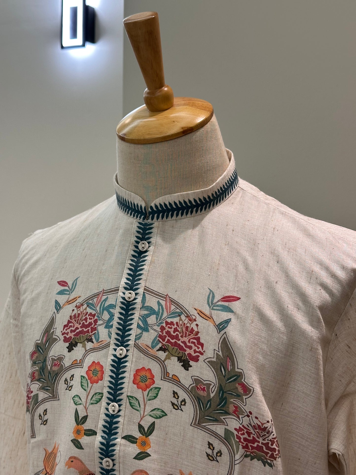SM0226-01-01 Beige & Blue Leaf Floral Cotton Linen Kurta Set