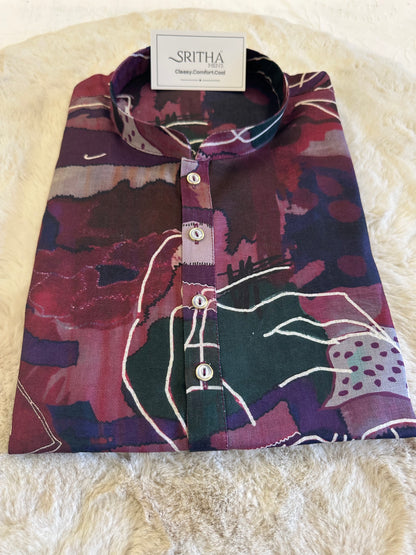 SM0626-01-03 Dark Purple Base Printed Linen Blend Kurta