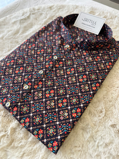 SM0625-01-15 Navy Blue & Striking Motif Khadi Silk Kurta