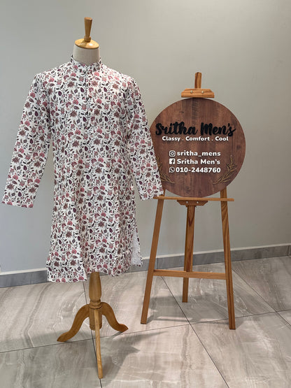 SM1125-02-05 White Floral Jacquard Silk with Lining Kurta Set