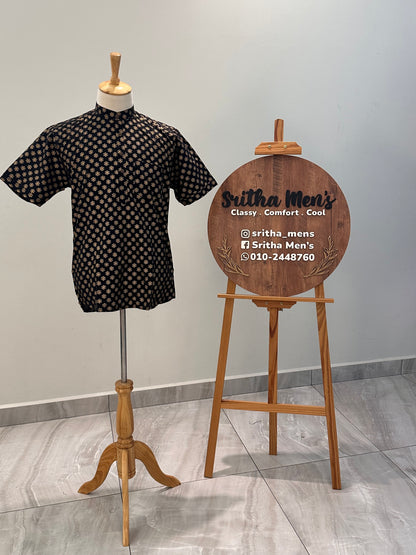 SM0326-16-10 Black & Gold Print Short Cotton Kurta