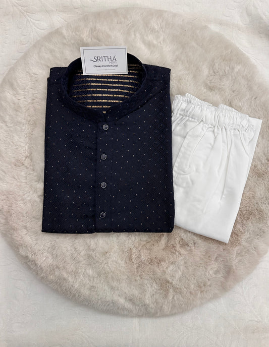 SM1125-02-02 Navy Blue & Black Mix Embroidery Jacquard Kurta Set