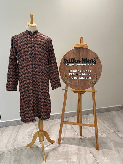 SM0625-01-12  Black & Orange Floral Khadi Silk Kurta