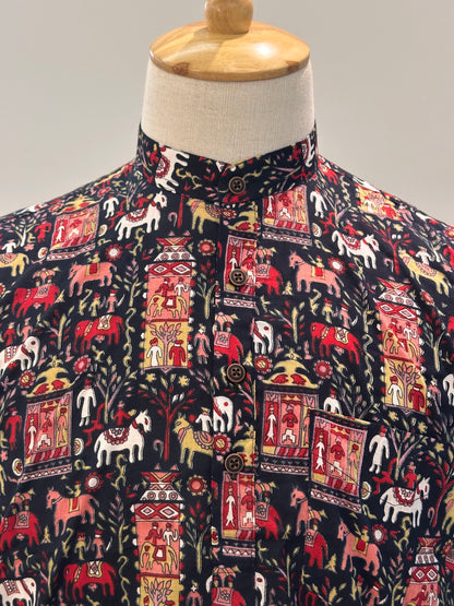 SM0326-16-02 Black Base Tribe Print Short Cotton Kurta