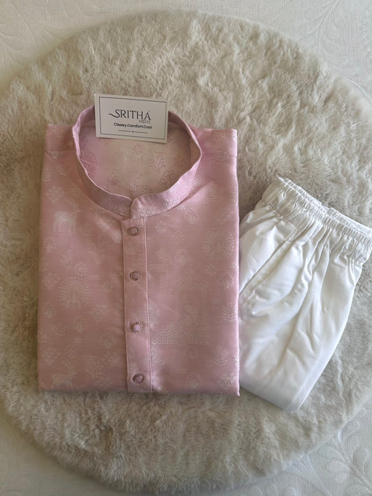 SM0825-02-02 Light Pink & Silver Motif Jacquard Silk Blend Kurta Set