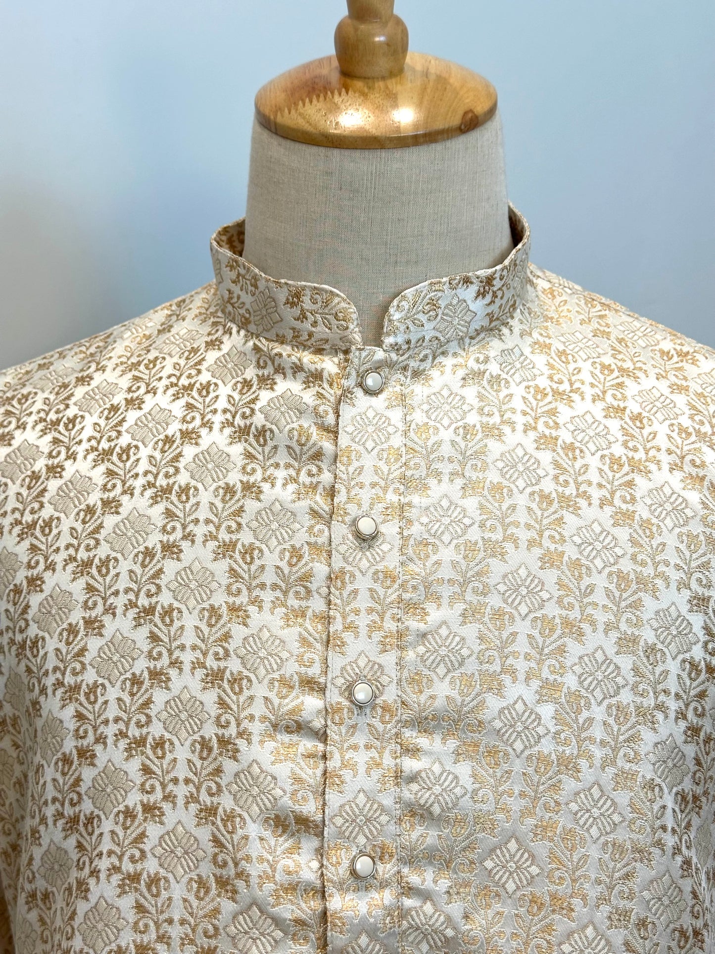 SM0626-02-15 Cream Based Gold Design Jacquard Silk Kurta Set