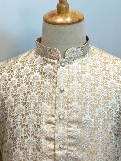 SM0626-02-15 Cream Based Gold Design Jacquard Silk Kurta Set