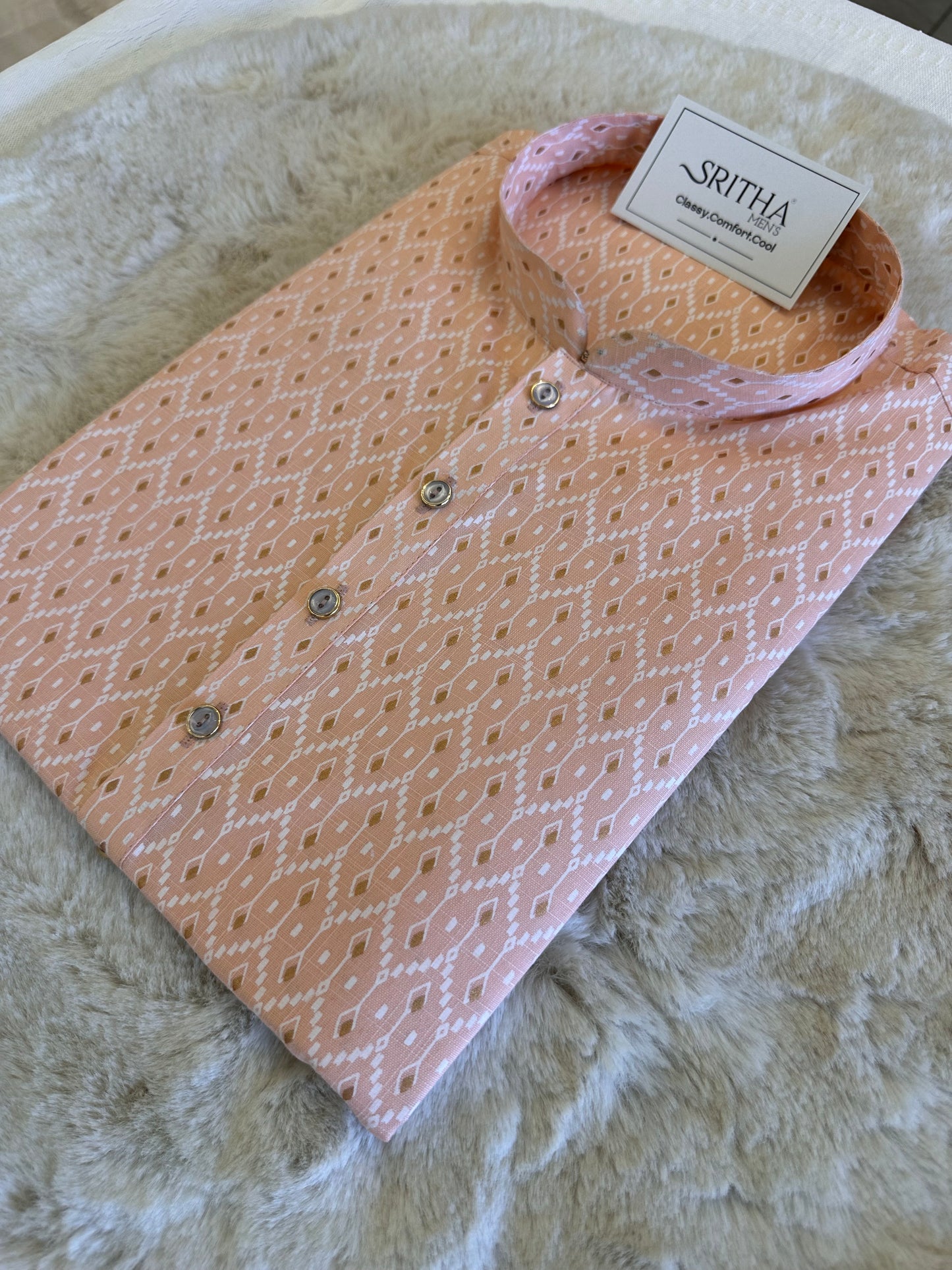 SM0226-01-07 Peach & White Printed Cotton Kurta