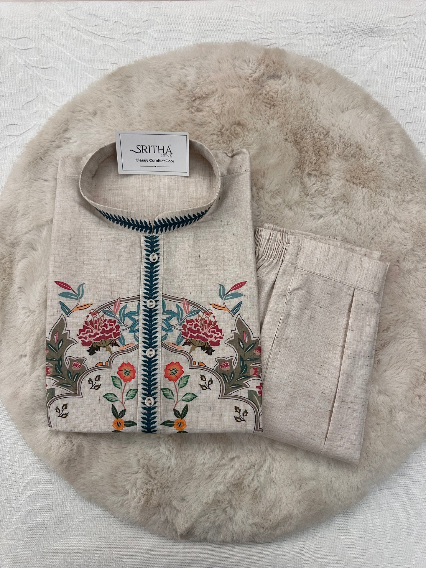 SM0226-01-01 Beige & Blue Leaf Floral Cotton Linen Kurta Set
