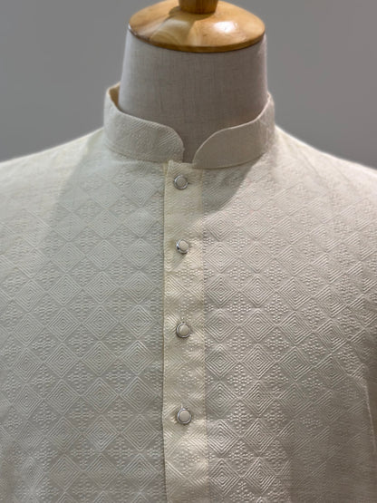SM0525-02-01 Cream Heat Embossed Design Silk Blend Kurta Set