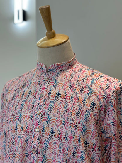 SM0625-01-07 Pink Blue White Khadi Silk Kurta