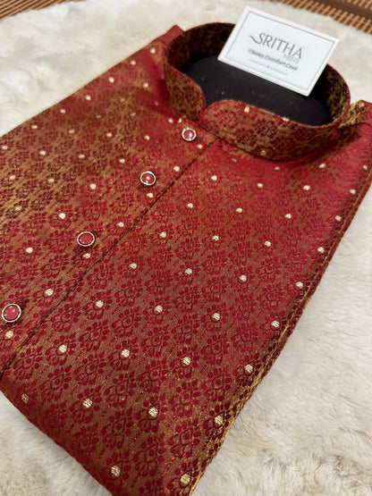 SM0826-02-12 Red & Gold Dual Shade Jacquard Silk Blend Kurta Set