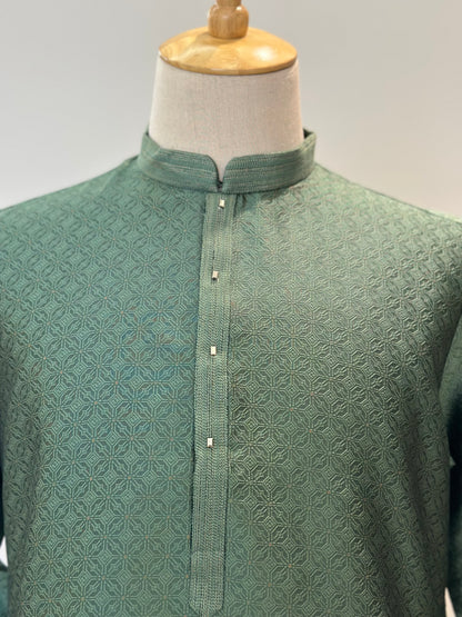 SM0725-02-09 Leaf Green Silk Blend Kurta Set