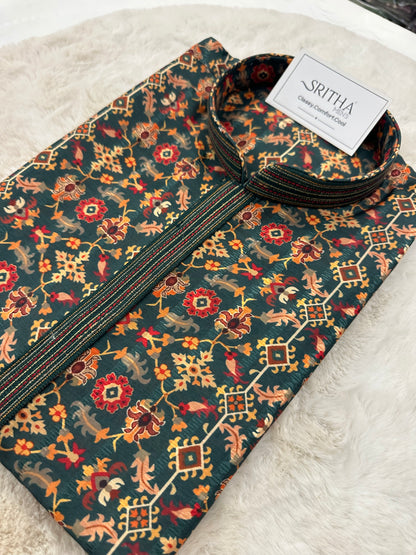 SM0925-01-01 Dark Green Floral Soft Cotton Silk Kurta
