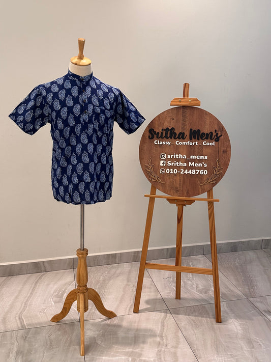 SM0326-16-07 Dual Tone Blue Print Short Cotton Kurta