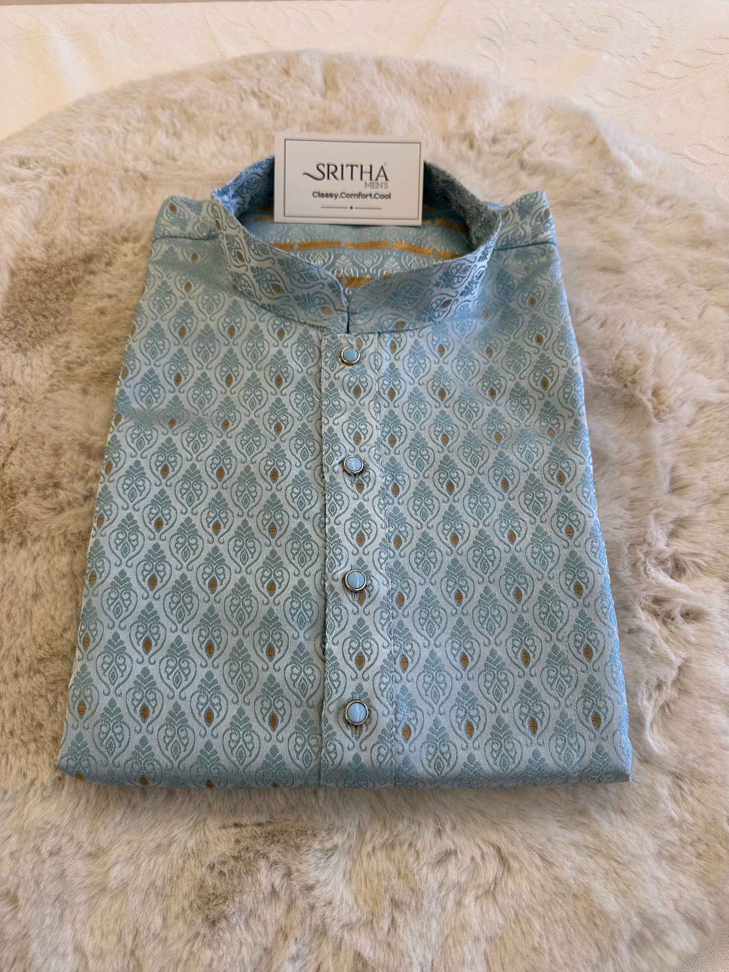 SM1125-02-08/18 Sky Blue Blue & Gold Soft Jacquard Kurta Set