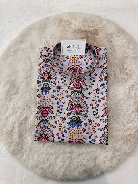 SM0925-01-11 White & Pink Print Cotton Kurta