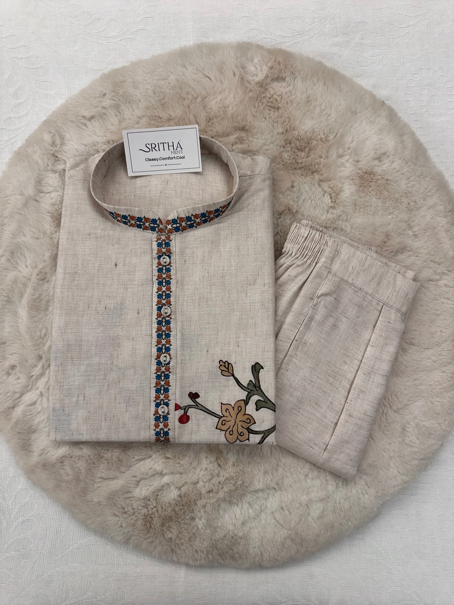 SM0226-01-02 Beige With Blue Orange Floral Cotton Linen Kurta Set